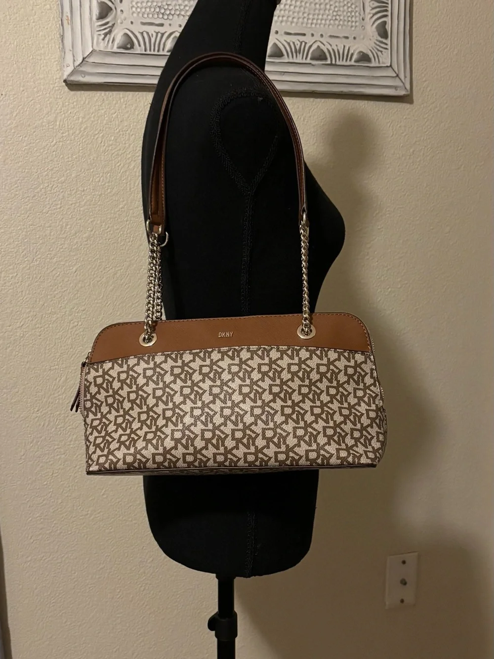 DKNY Brown Tan Monogram Chain-Handle Shoulder Bag